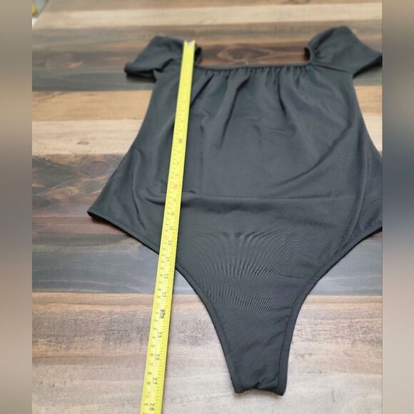 Bodysuit Short Sleeve Off Shoulder Square Neck Solid Black Stretch Plus Size 2XL - Picture 2 of 4